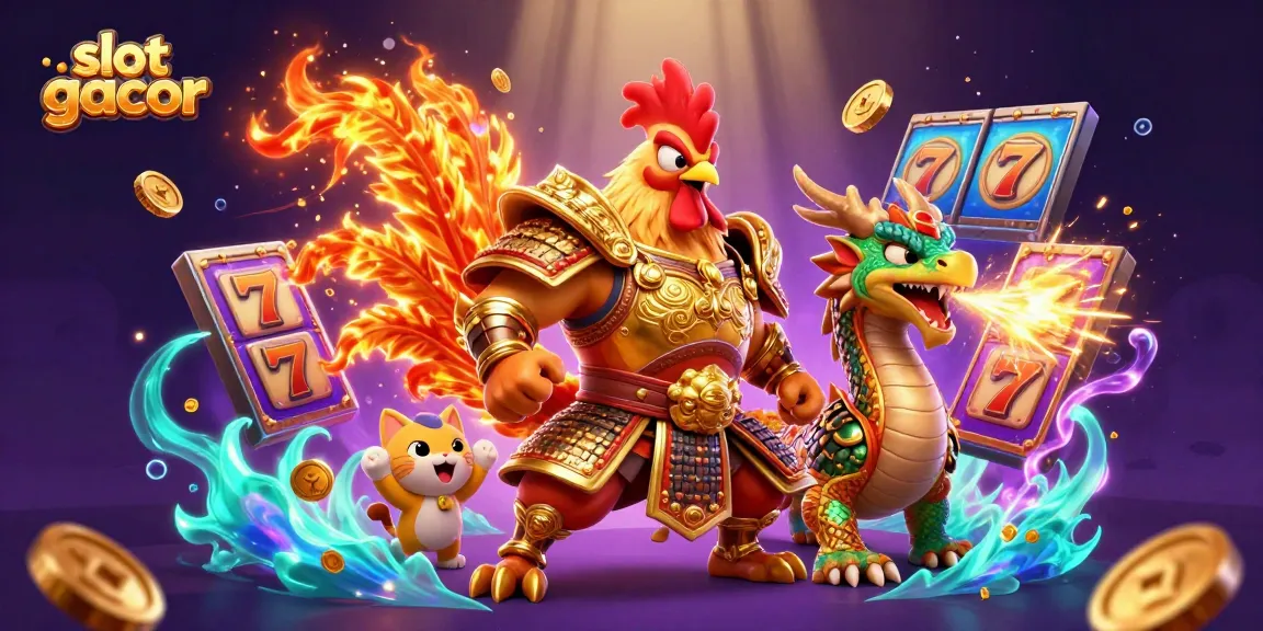 Spin the reels of slot gacor as a powerful rooster warrior and dragon celebrate the excitement of winning!