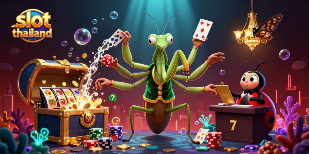 Join the excitement of slot thailand with dynamic scenes of cartoon characters engaging in thrilling casino action.