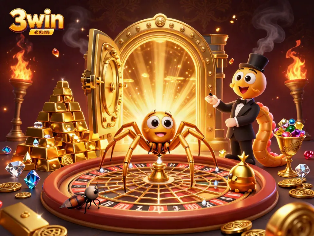 Experience excitement at 3win com with a golden spider and centipede dealer in this vibrant casino scene.