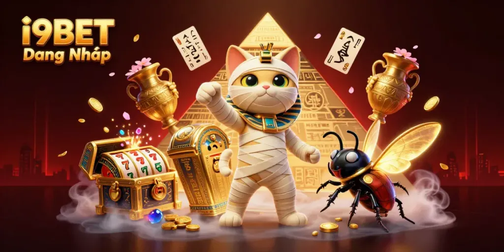 Experience the thrilling world of i9BET Đăng Nhập with a lively cartoon illustration featuring a mummy cat and casino elements.