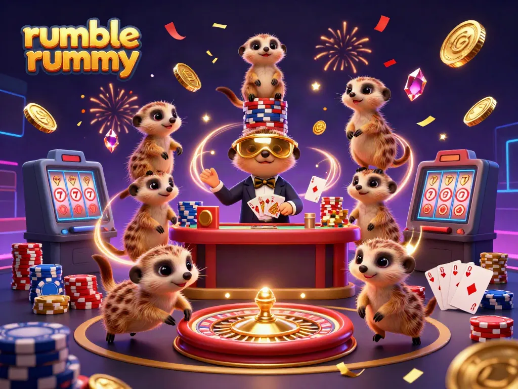 Engage in Rumble Rummy excitement as a colony of meerkats run a bustling casino with vibrant gaming elements.