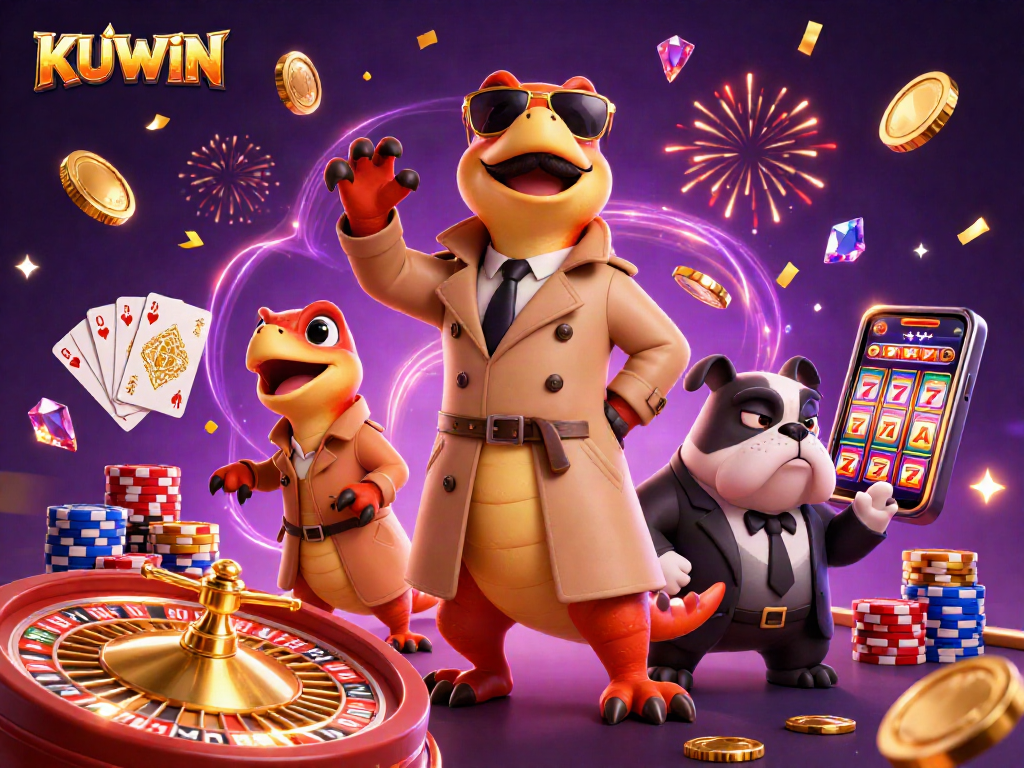 KUWIN casino illustration of raptors in disguise entering a VIP lounge surrounded by lights and coins.