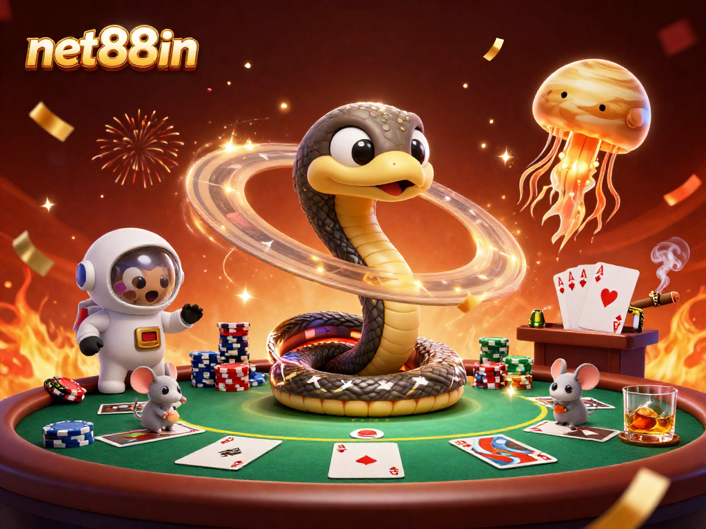 Experience excitement at net88in with astronauts and a cosmic dealer in this vibrant casino scene.