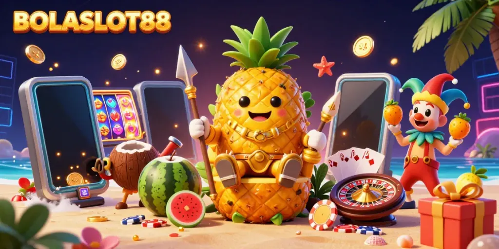 BOLASLOT88 invites players to enjoy a vibrant casino experience with a golden pineapple king and a tropical-themed game scene.