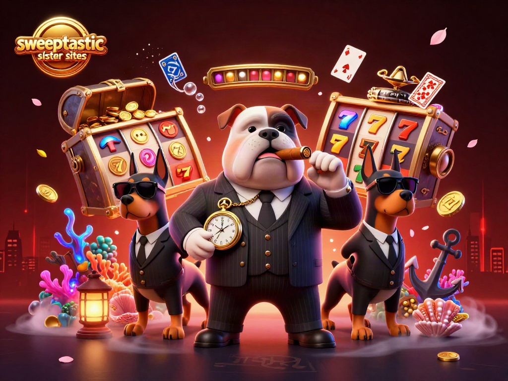 Sweeptastic sister sites showcase gaming excitement with slots, gold coins, and vibrant characters.