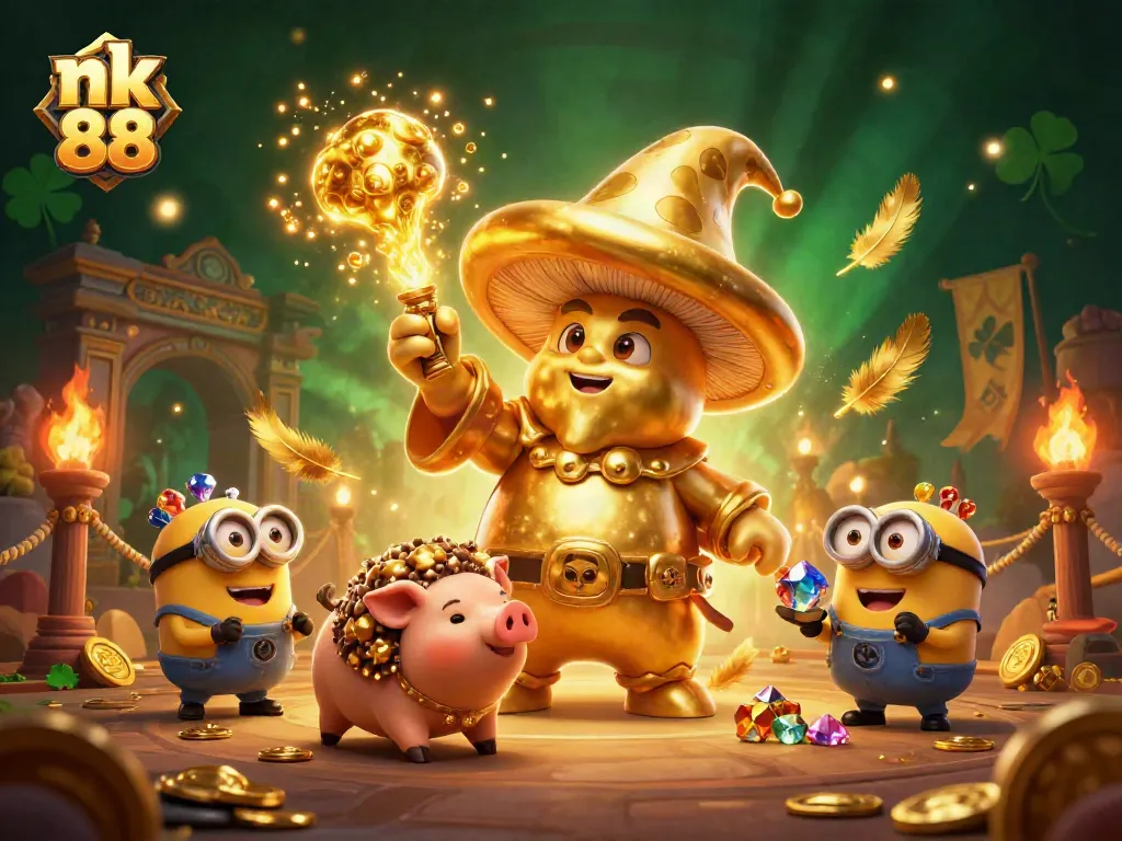 Experience thrilling gameplay at nk 88 with the golden wizard and treasure-filled scene.