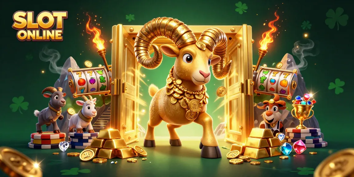 SLOT ONLINE illustration featuring a golden ram charging toward a treasure vault amidst riches and lucky symbols