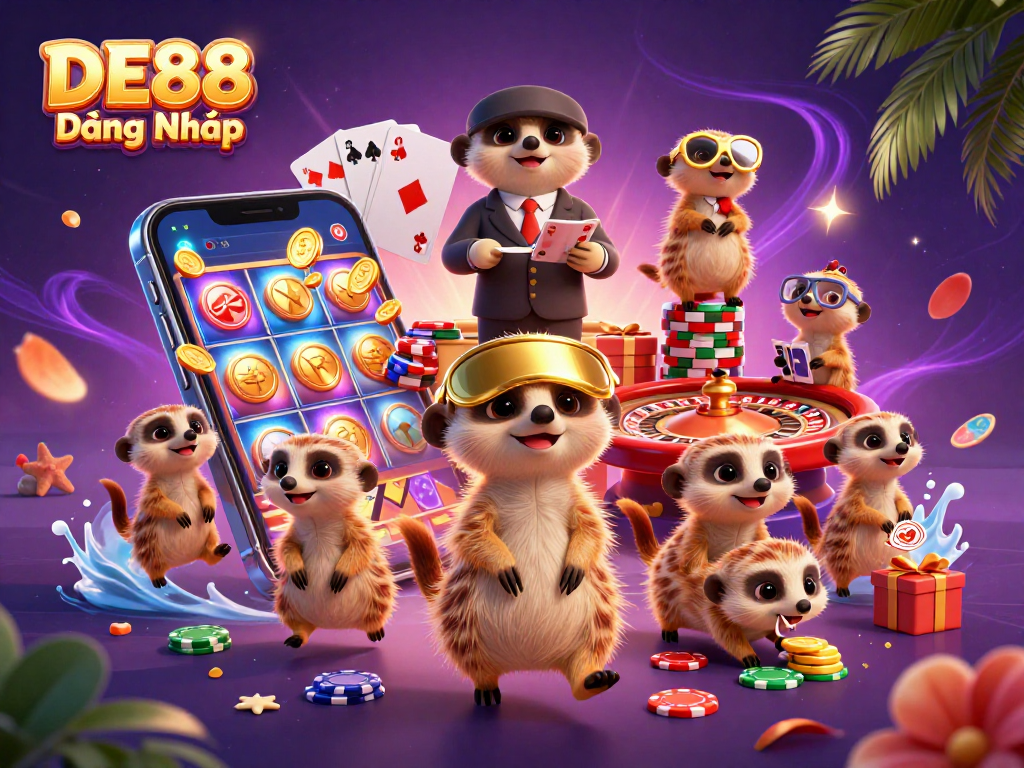 Experience the thrill of DE88 Đăng Nhập with playful meerkats running a lively casino in this detailed illustration.