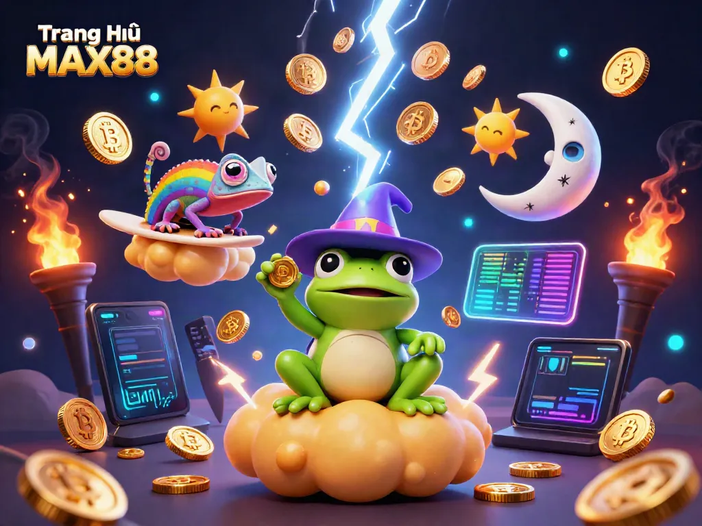 Experience the captivating world of Trang Chủ MAX88 with a vibrant 3D illustration featuring casino-themed characters and dynamic elements.