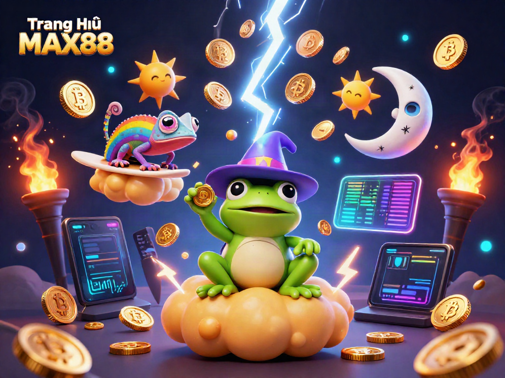 Experience the captivating world of Trang Chủ MAX88 with a vibrant 3D illustration featuring casino-themed characters and dynamic elements.