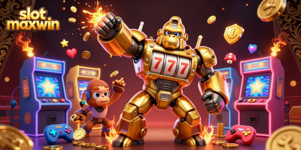 Experience the thrill with slot maxwin’s golden gorilla mech surrounded by joyful gaming elements.