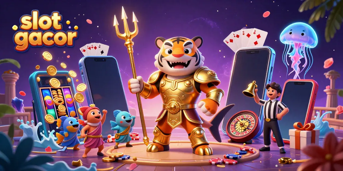 Slot gacor memperlihatkan hiu kartun bertanding di arena bawah laut dengan elemen kasino di sekitar.