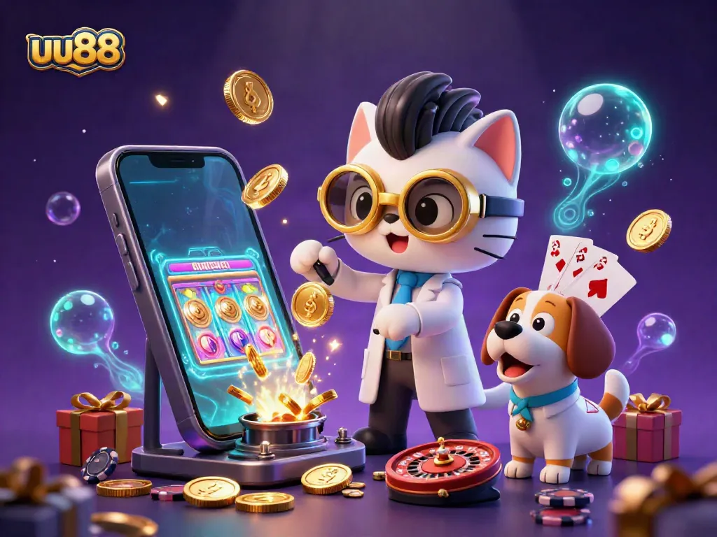 Engage in thrilling slot games at uu88 with a playful 3D illustration featuring vibrant casino elements.