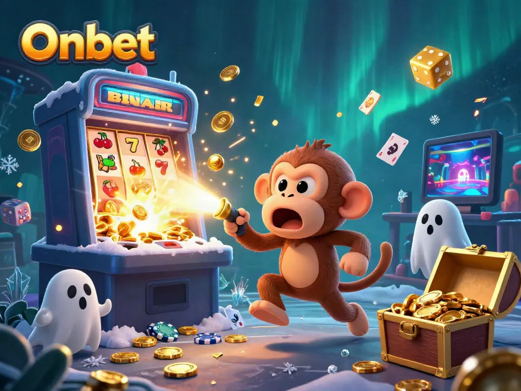 Experience the thrill of Onbet with a playful poltergeist and ghost-hunter puppy in a dynamic casino scene.