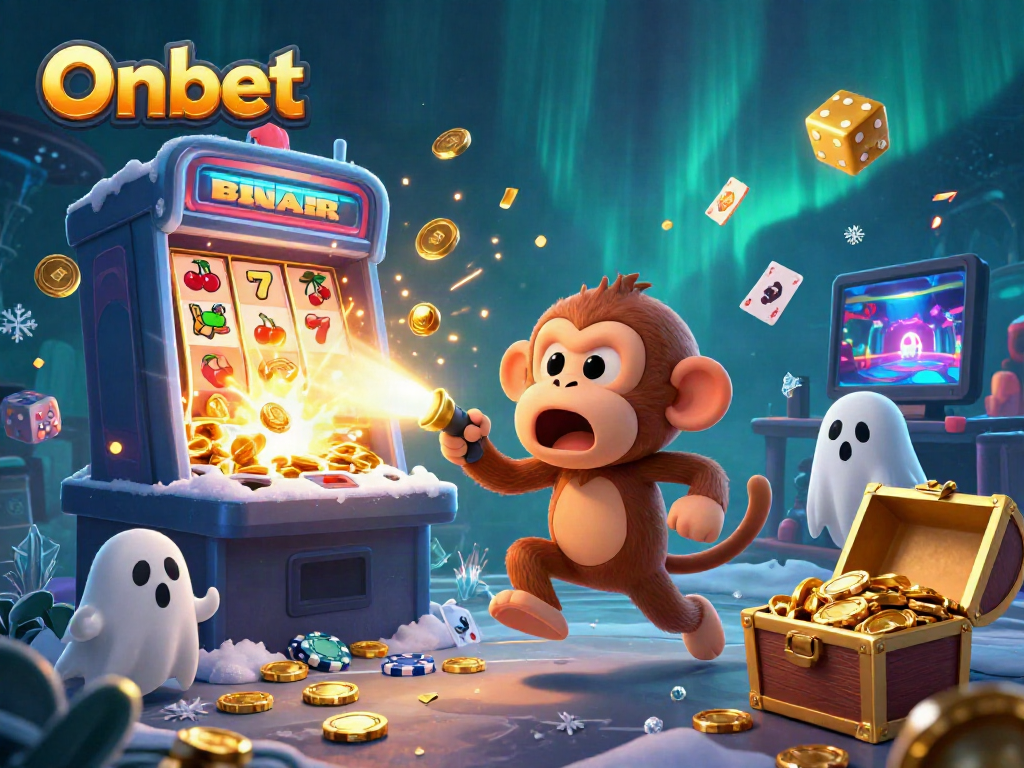 Experience the thrill of Onbet with a playful poltergeist and ghost-hunter puppy in a dynamic casino scene.