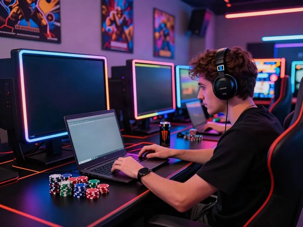 A player immersed in online gaming with akunjp, surrounded by vibrant lights and gaming accessories, in a modern setup.