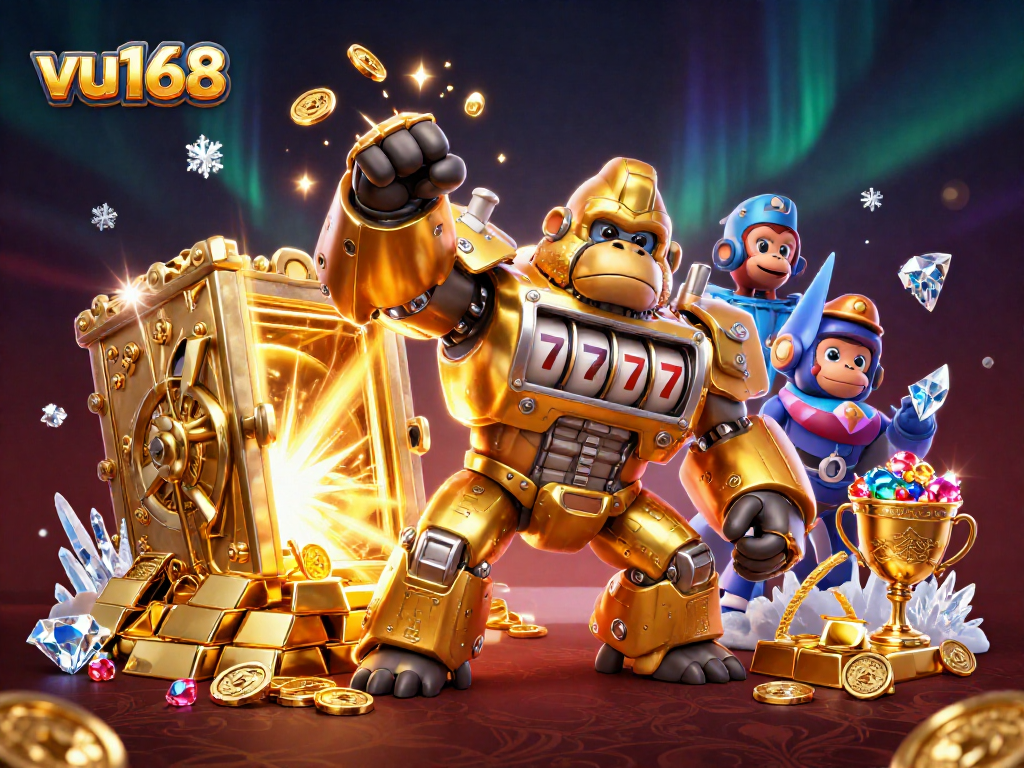 vu168 slots action featuring a golden gorilla mech bursting coins amidst treasures