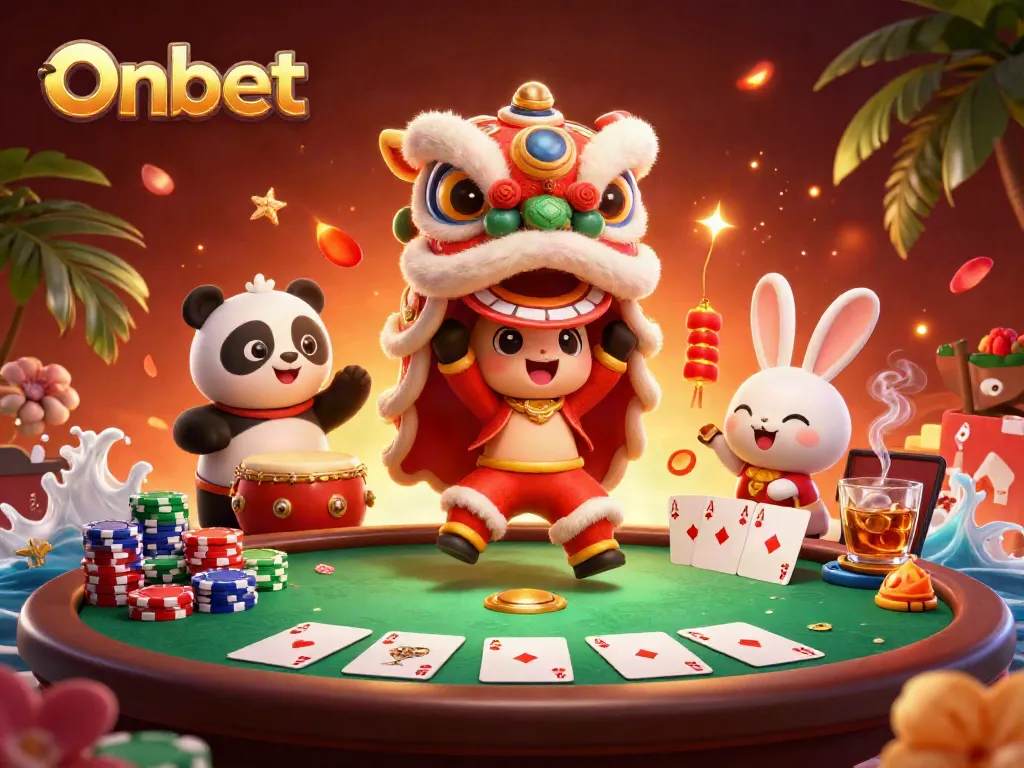 Onbet engages players in an exciting casino scene with vibrant characters and poker elements.