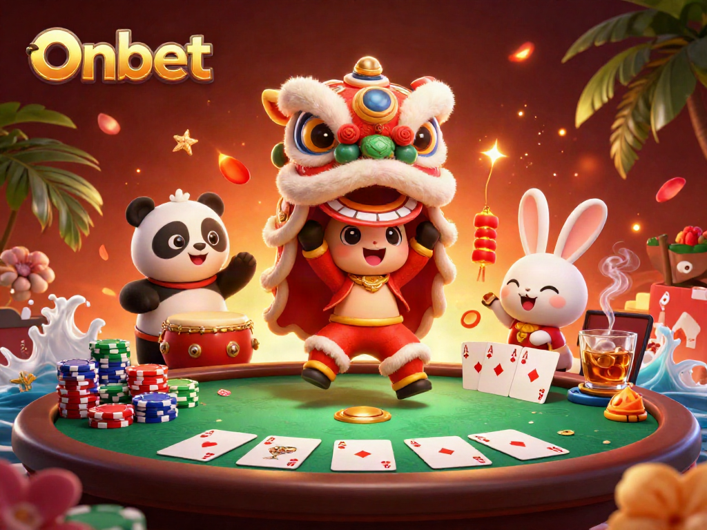 Onbet engages players in an exciting casino scene with vibrant characters and poker elements.