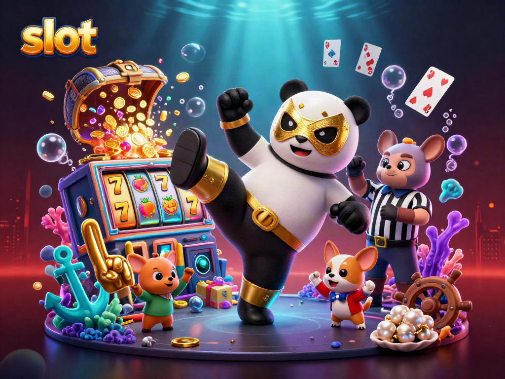 Exciting slot game action with a panda wrestler kicking while a chihuahua referee counts.