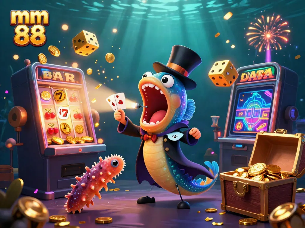 Experience the excitement of mm 88 with a colorful underwater casino scene featuring glowing characters and dynamic games.