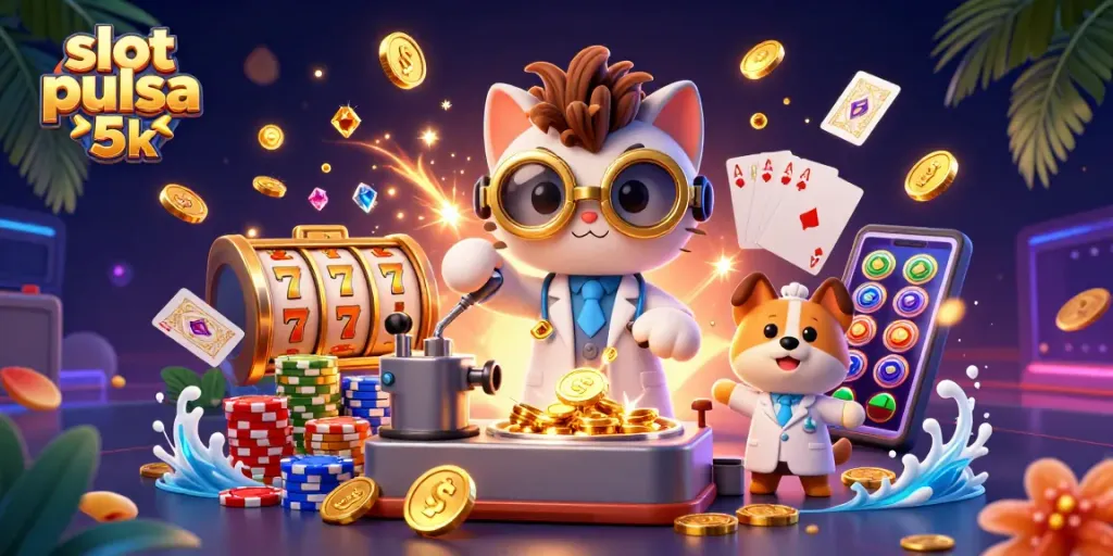 Experience thrilling wins in slot pulsa 5k with a mad scientist cat and assistant amidst cascading coins.