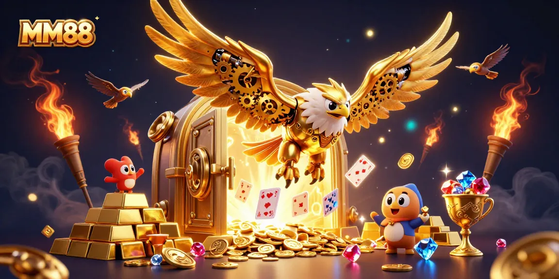 Engage with MM88's thrilling gaming scene featuring a golden eagle diving through cards.