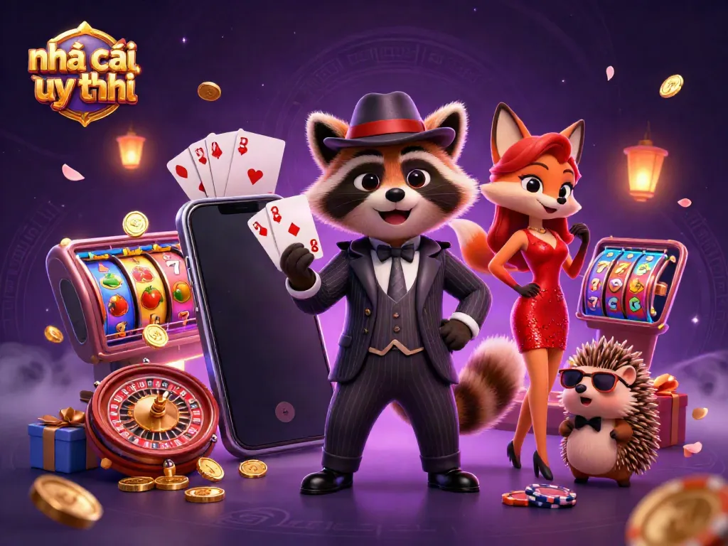Catch a glimpse of an exciting casino adventure with nhà cái uy tín as a suave raccoon reveals a royal flush amidst vibrant slot reels.