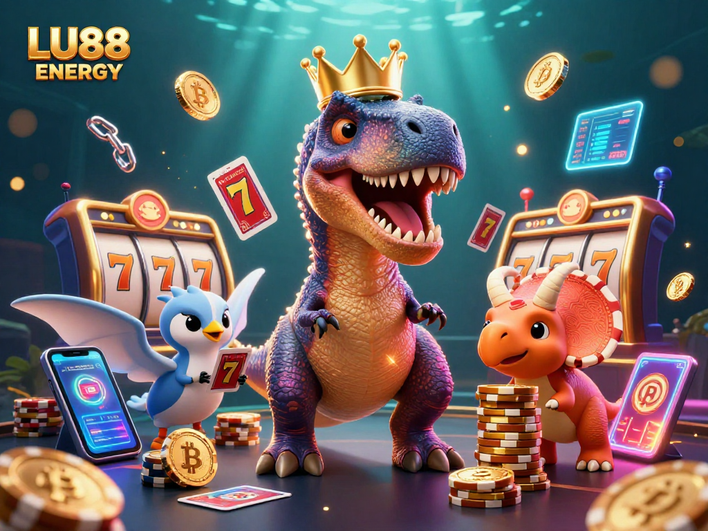 Join the fun at LU88 ENERGY with this vibrant 3D casino scene featuring friendly dinosaurs and crypto elements.