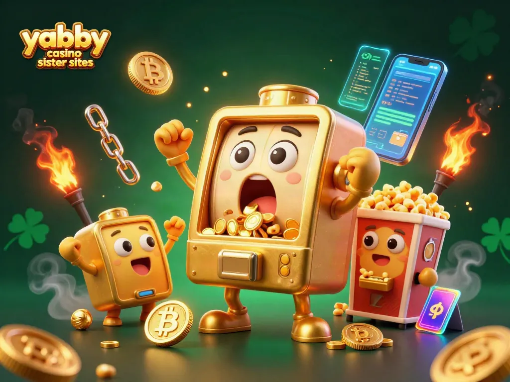 Engage with yabby casino sister sites as cartoon slot machines cheer amidst crypto symbols in a vibrant casino scene.