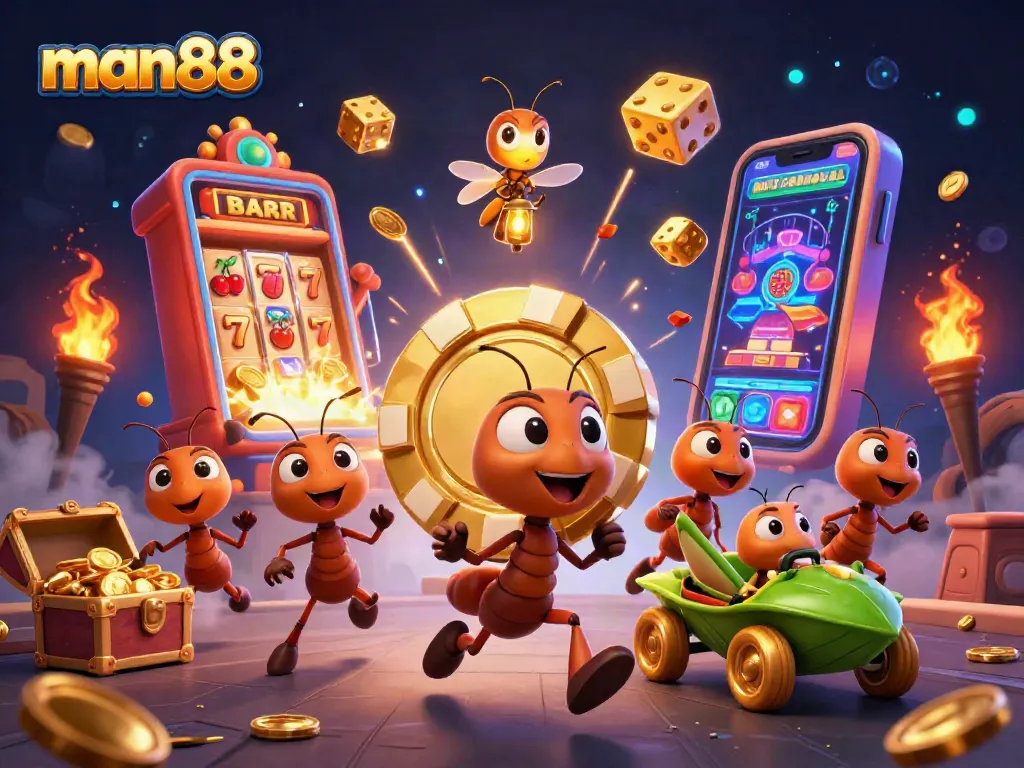 Experience man88's vibrant online gaming world with ants heisting a giant poker chip.