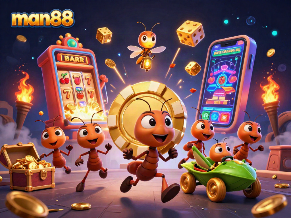 Experience man88's vibrant online gaming world with ants heisting a giant poker chip.
