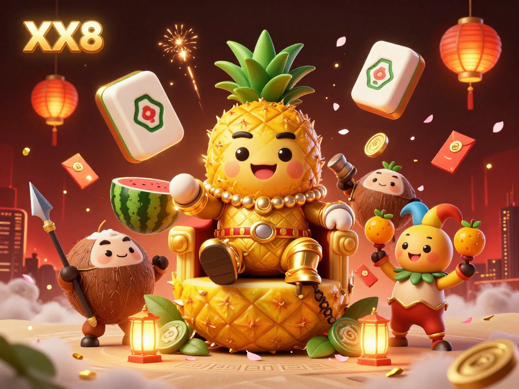 Participate in the vibrant XX8 casino experience featuring the golden pineapple king surrounded by festive elements.
