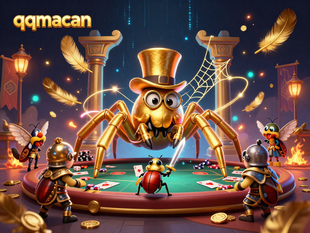 Engage in thrilling strategies with qqmacan at a vibrant poker showdown featuring animated characters and rich details.