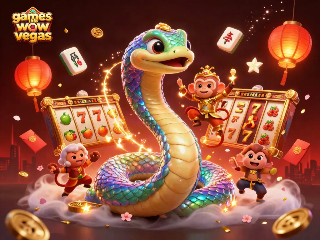 Experience games like wow vegas in this vibrant 3D casino illustration depicting a golden monkey king and a colorful serpent.