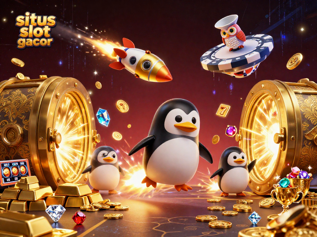 Win big with situs slot gacor through dynamic 3D illustration of a rocket-powered penguin.