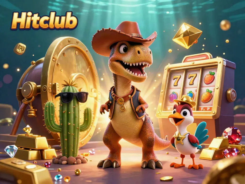 Experience the excitement at Hitclub with a vibrant 3D illustration of casino treasures and characters.