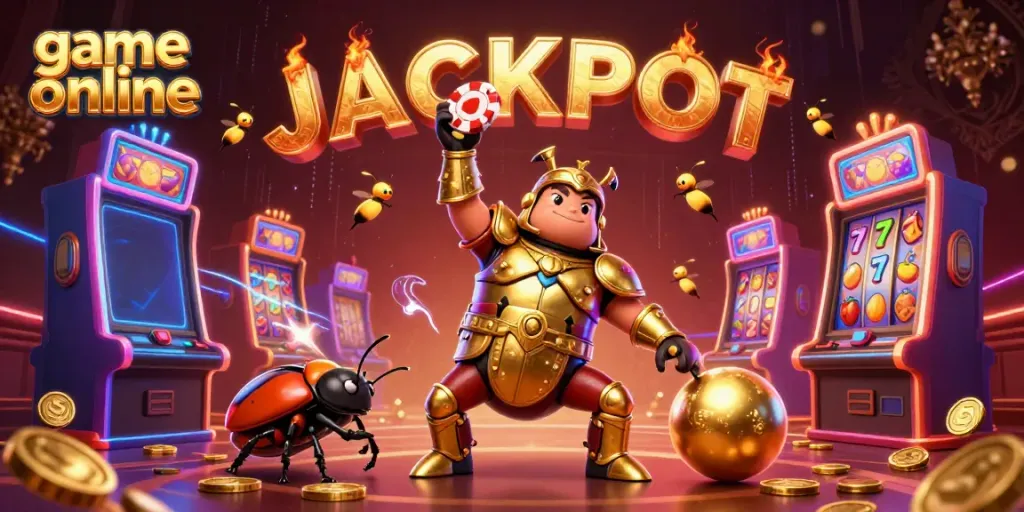 Experience the thrill of game online with a heroic beetle lifting a poker chip surrounded by vivid casino elements.