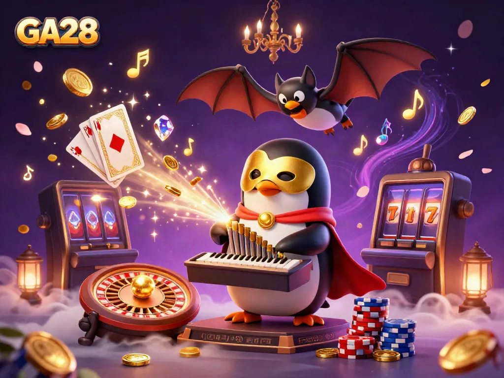 Experience the excitement of GA28 casino with golden coins, a penguin playing an organ, and acrobatic elements.