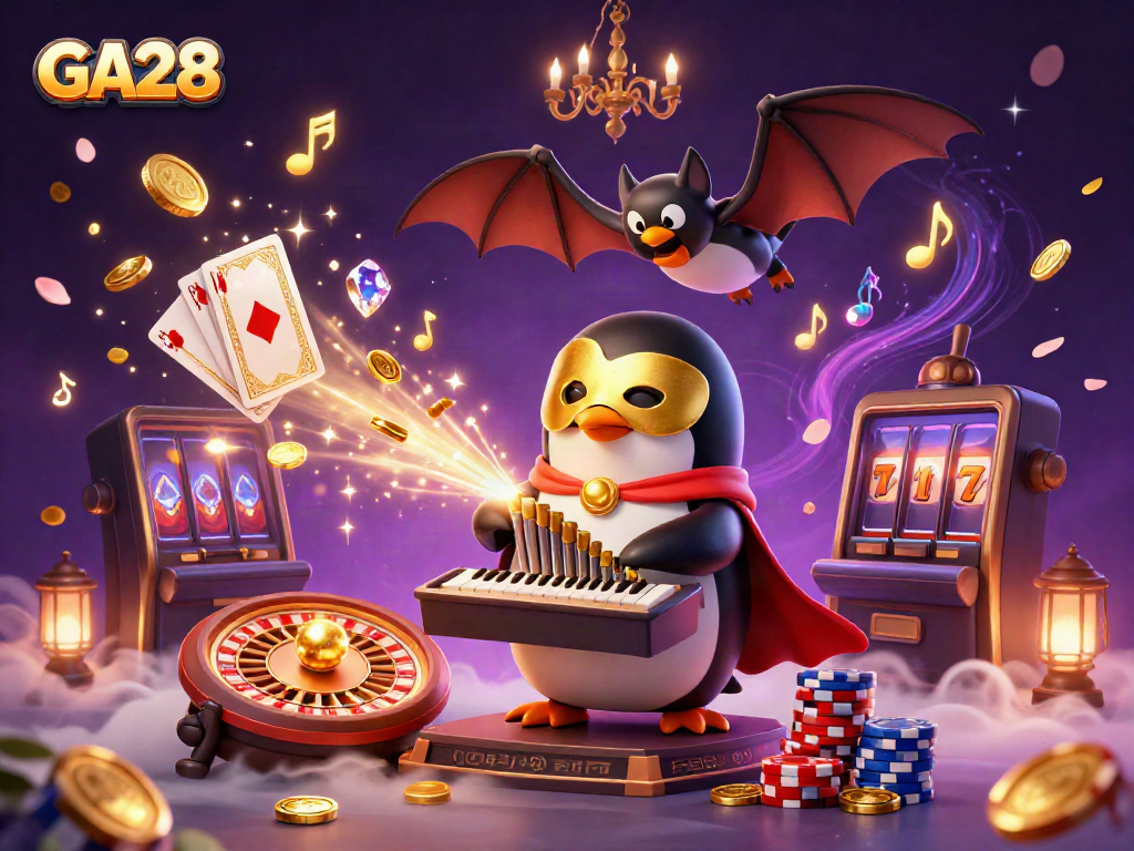 Experience the excitement of GA28 casino with golden coins, a penguin playing an organ, and acrobatic elements.