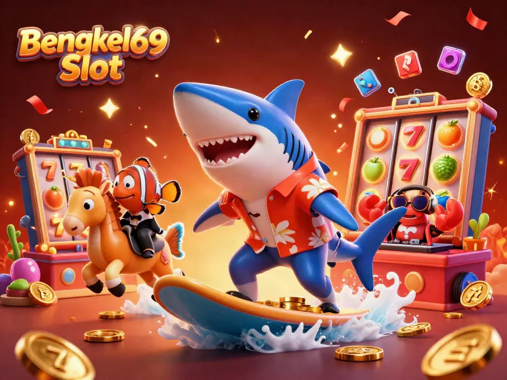 Engage with the exciting Bengkel69 Slot adventure featuring a shark and colorful gambling elements.