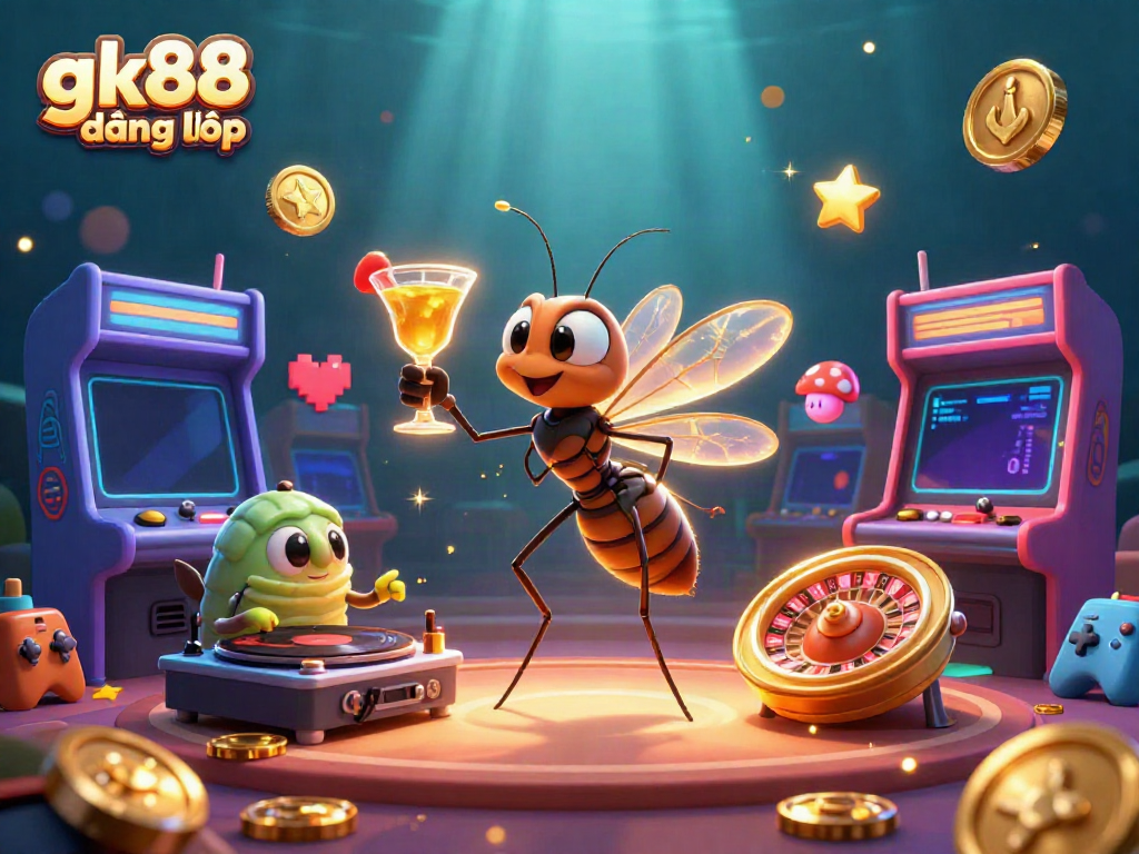 Experience gk88 đăng nhập with a lively casino mascot and colorful gaming elements surrounding them.