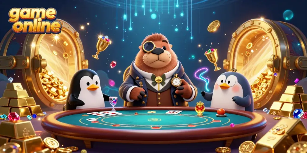 Experience the thrill of game online with vibrant characters at an underwater poker table.