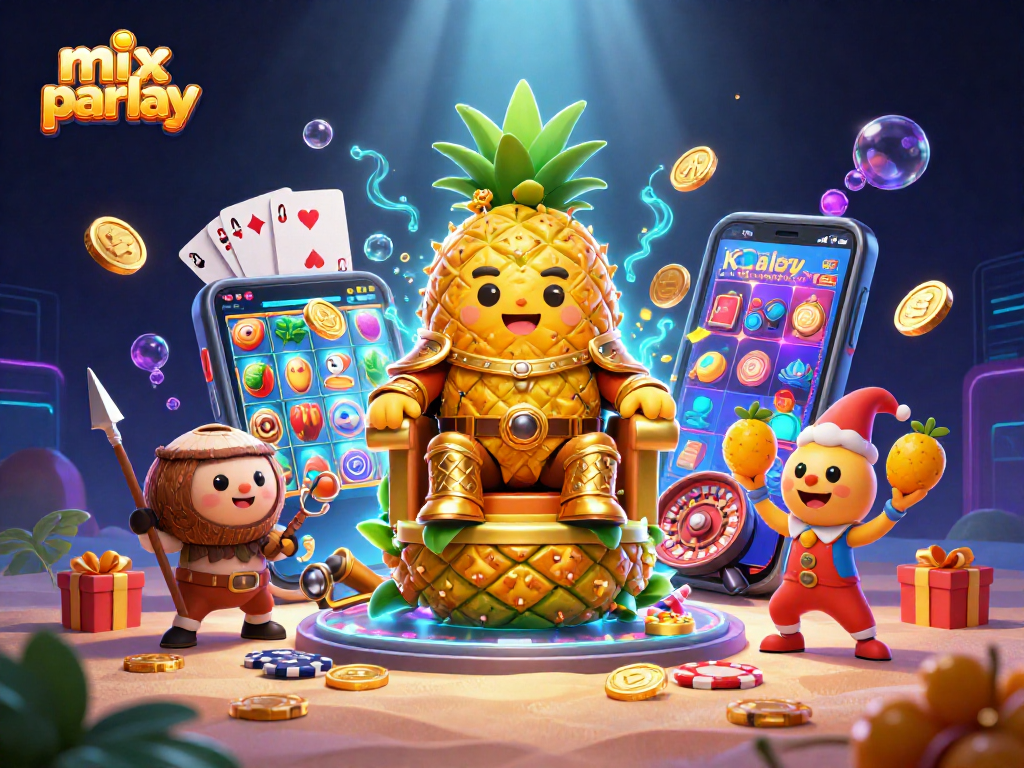 Engage in mix parlay betting with the golden pineapple king and lively casino elements.