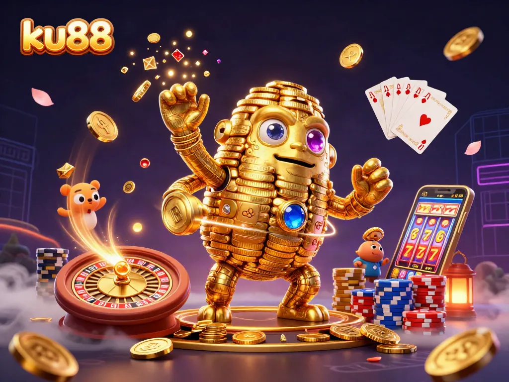 Experience the excitement of ku88 with a dynamic scene full of golden coins and casino elements.