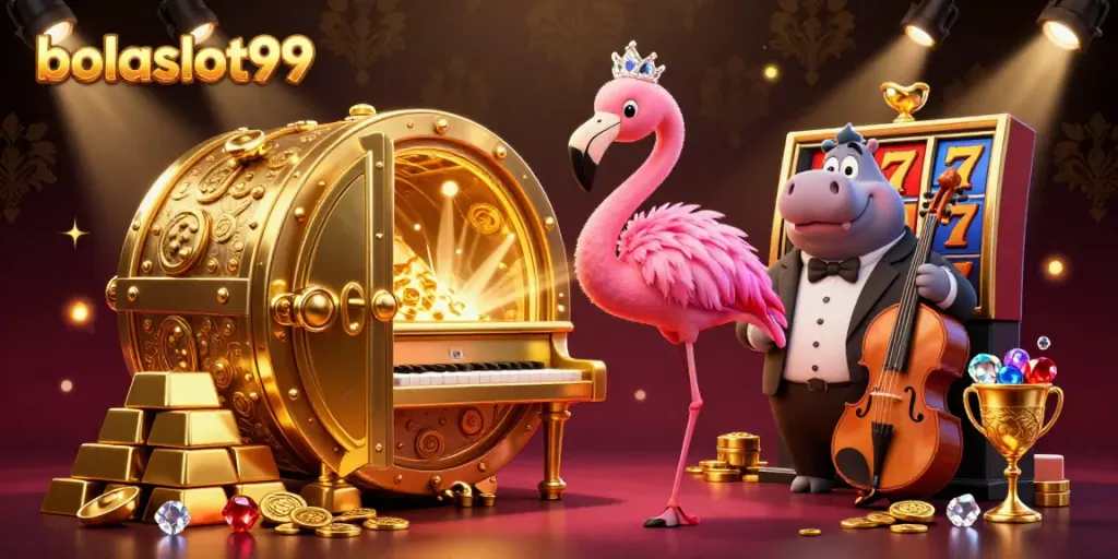 Engage with bolaslot99's thrilling casino scene featuring vibrant characters and gold treasures.
