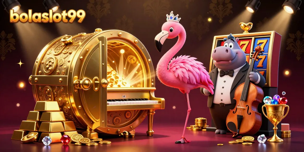 Engage with bolaslot99's thrilling casino scene featuring vibrant characters and gold treasures.