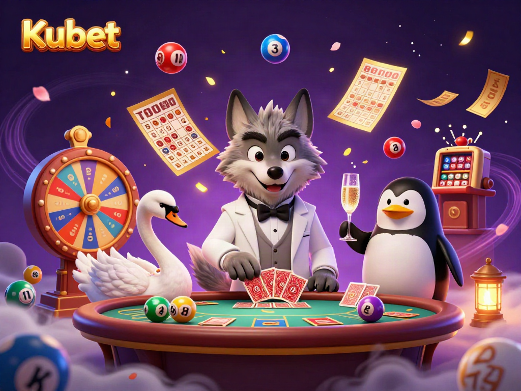 Kubet's vibrant casino scene with a debonair wolf, elegant swan, and sophisticated penguin in gameplay.