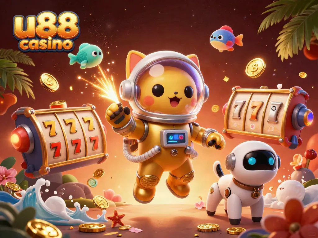 Experience thrilling slot adventures at u88 casino with an astronaut cat and vibrant game elements.