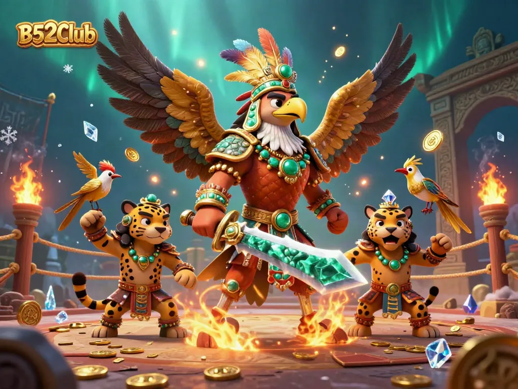 Experience thrilling gameplay at B52Club with a vibrant 3D scene featuring warriors, gold tokens, and an exciting gambling atmosphere.